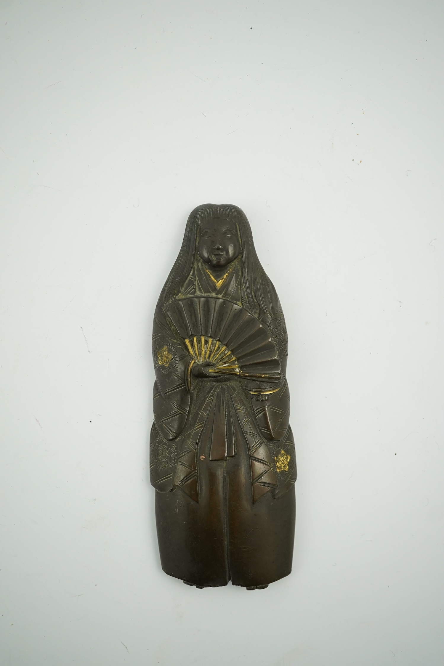 A Japanese Meiji gilt bronze plaque of a woman holding a fan, signed, 10cm high. Condition - good